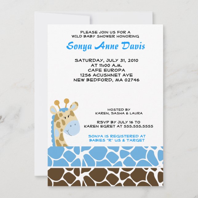 Invitation Jungle Giraffe Imprimer (bleu) Baby shower Invitat (Devant)