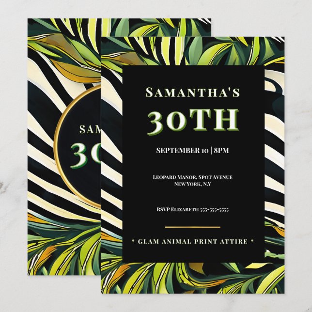 Invitation Jungle Glam 30e Anniversaire Imprimé An (Devant / Derrière)