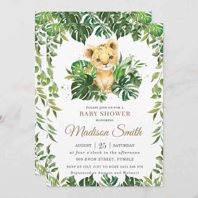 Invitation Jungle Green Adorable Lion Cub Baby shower garçon  (Devant / Derrière)