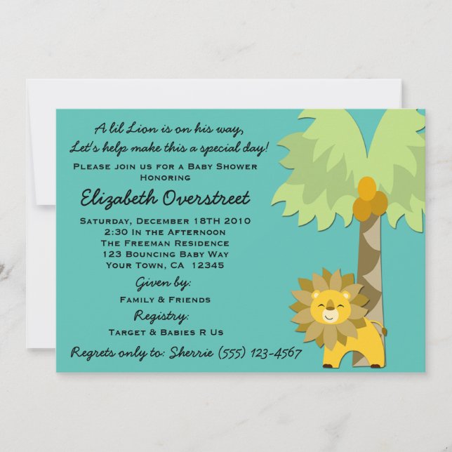 Invitation Jungle King Lion Turquoise Boy Baby shower Zoo Saf (Devant)