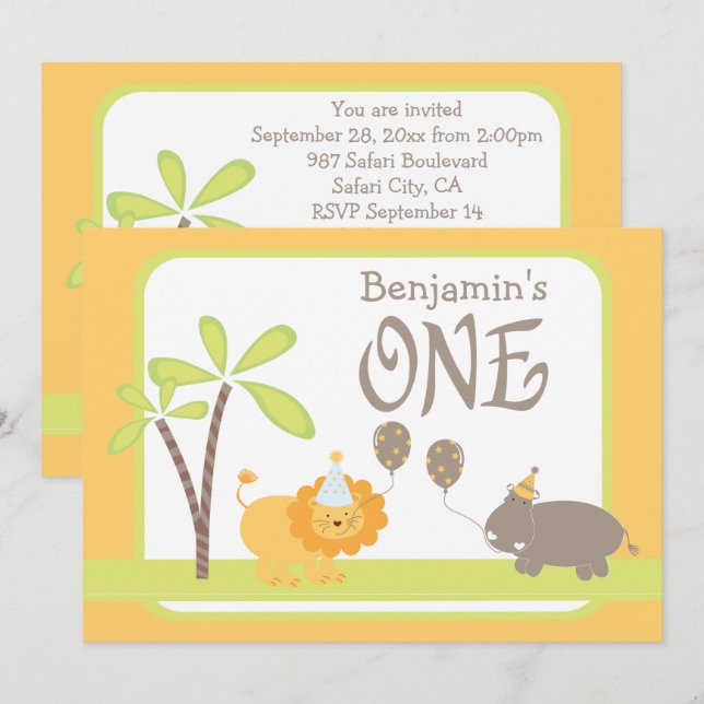 Invitation Jungle Lion et Hippo First Birthday Party (Devant / Derrière)