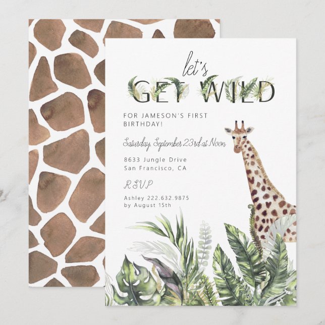 Invitation Jungle Moderne Verdure | Anniversaire de la girafe (Devant / Derrière)