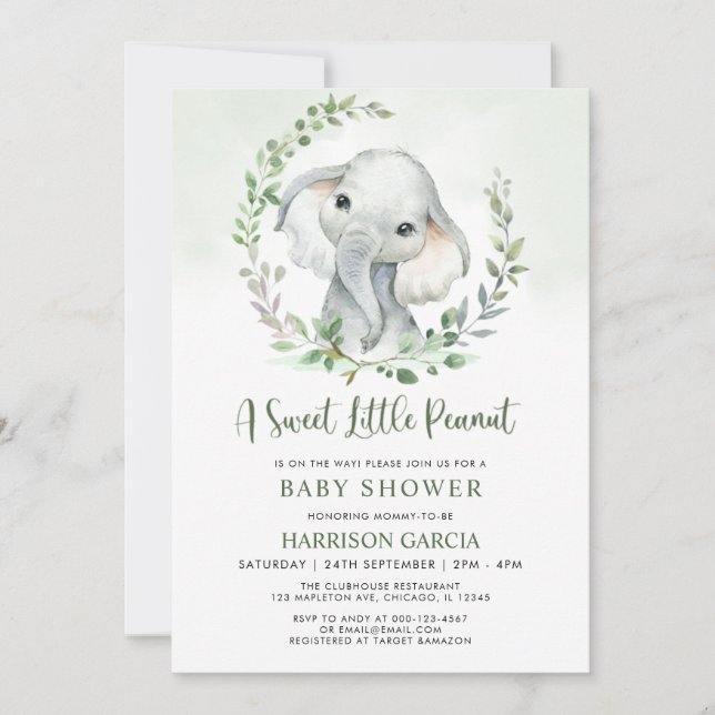 Invitation Jungle Petite arachide verdure Baby shower éléphan (Devant)