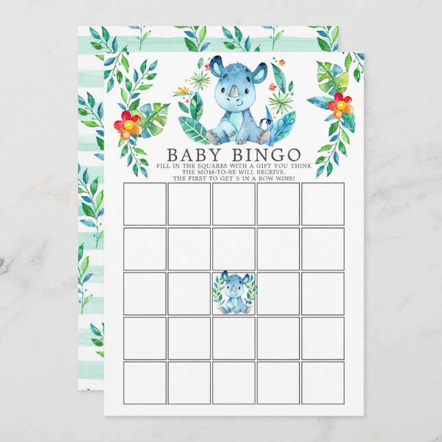 Invitation Jungle Rhino BINGO Baby shower Jeu (Devant / Derrière)