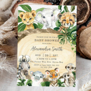 Invitation Jungle rustique Animaux Bois Baby shower de verdur