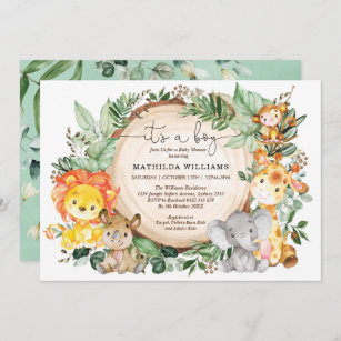 Invitation Jungle rustique Vert Baby shower Animaux sauvages