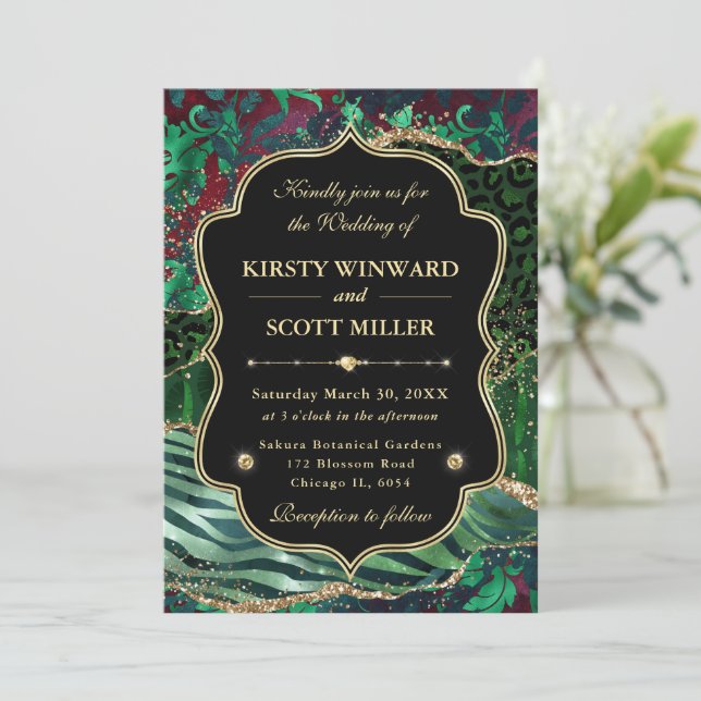 Invitation Jungle Safari Agate Vert et Accents Dorés Annivers (Debout devant)