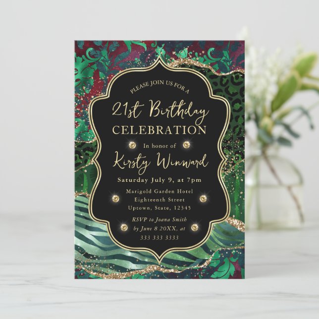 Invitation Jungle Safari Agate Vert et Accents Dorés Annivers (Debout devant)