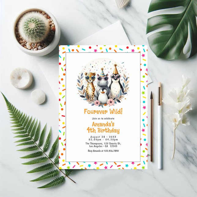 Invitation Jungle Safari animal "Fourever Wild" 4e anniversai (Jungle Safari Animal "Fourever Wild" 4th Birthday Invitation)