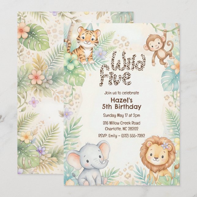 Invitation Jungle Safari Animals Wild Five 5th Birthday  (Devant / Derrière)
