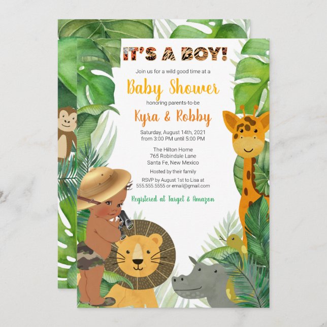 Invitation Jungle Safari Animaux Baby shower garçon (Devant / Derrière)