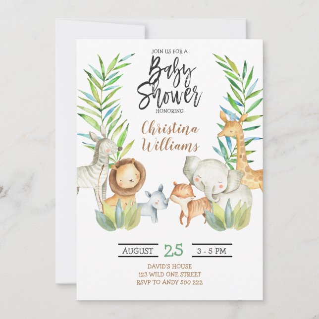 Invitation Jungle Safari Animaux Baby shower neutre genre (Devant)
