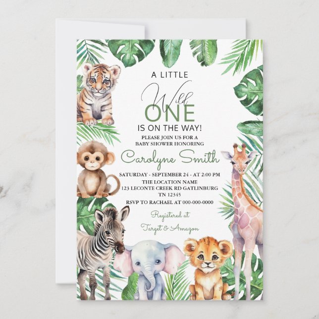 Invitation Jungle Safari Animaux Baby shower verdoyant (Devant)
