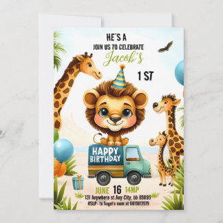 Invitation Jungle Safari Animaux Garçon 1er anniversaire