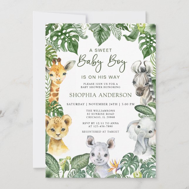 Invitation Jungle Safari Animaux garçon Baby shower Invitatio (Devant)