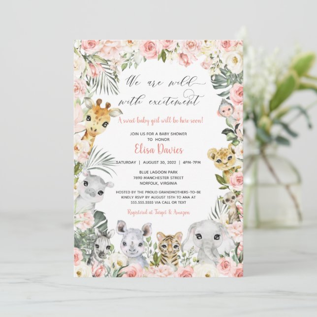 Invitation Jungle Safari Animaux rose Baby shower Floral  (Debout devant)