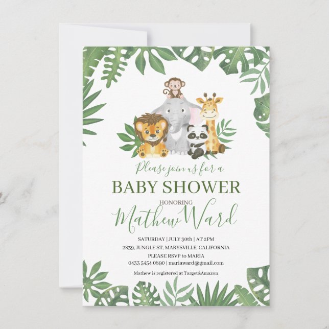 Invitation Jungle Safari Animaux Verdure Baby shower Garçon (Devant)