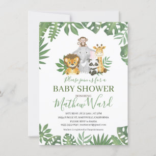 Invitation Jungle Safari Animaux Verdure Baby shower Garçon