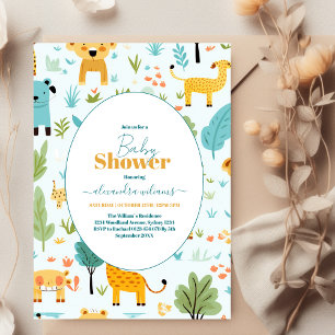 Invitation Jungle Safari Animaux Verdure Baby shower Garçon