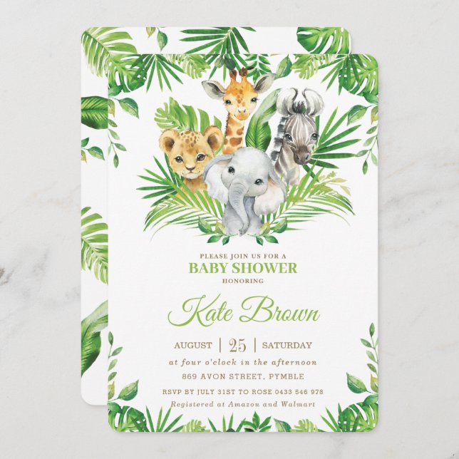 Invitation Jungle Safari Animaux Verdure Baby shower naturel (Devant / Derrière)