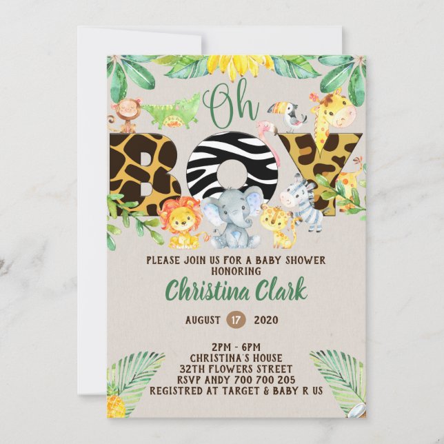 Invitation Jungle Safari Baby shower Oh Boy Cute (Devant)