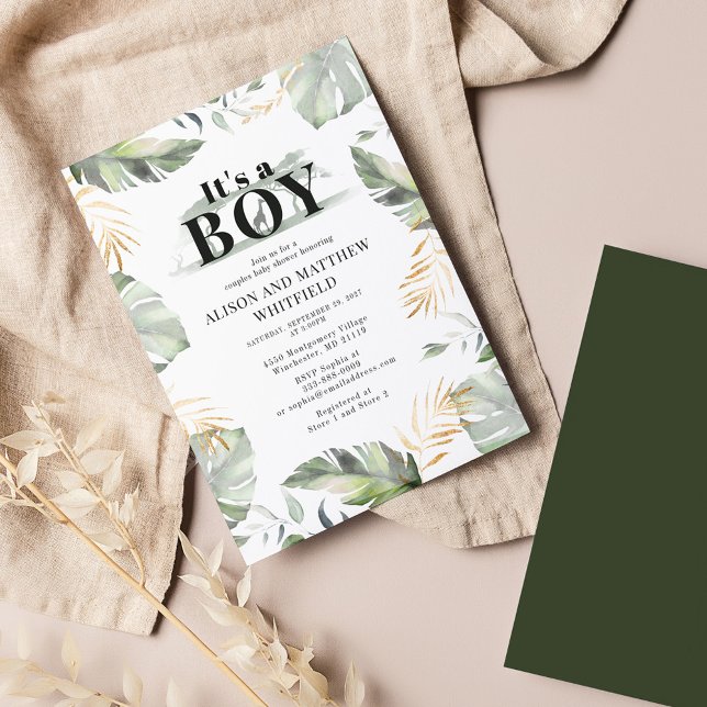 Invitation Jungle Safari Botanique Palm Baby shower Feuille (Botanical Palm Leaves Couples Boy Baby Shower Invitation)