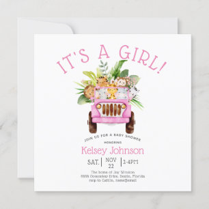 Invitation Jungle Safari C'est une fille Baby shower rose