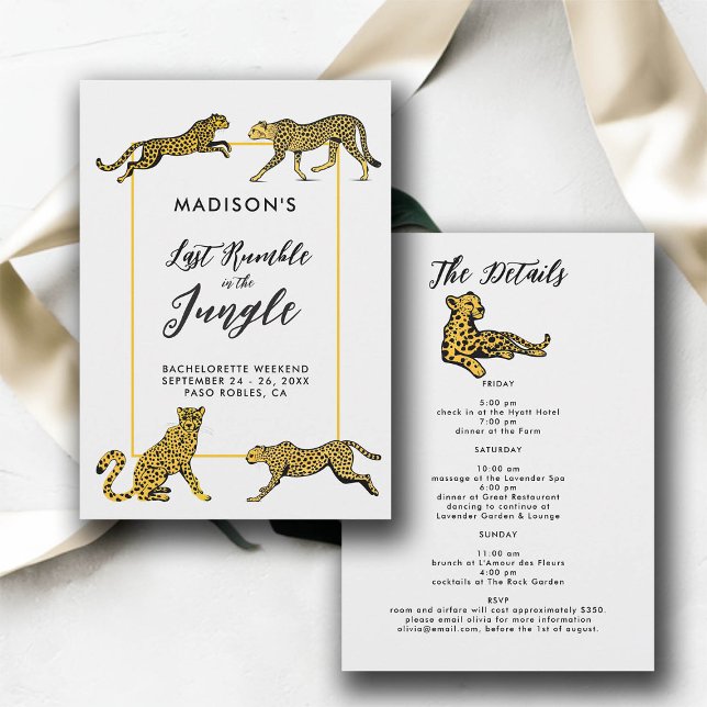 Invitation Jungle Safari Cheetah Bachelorette Party Itinérair (jungle safari bachelorette party itinerary cheetah illustration last rumble elegant modern simple )