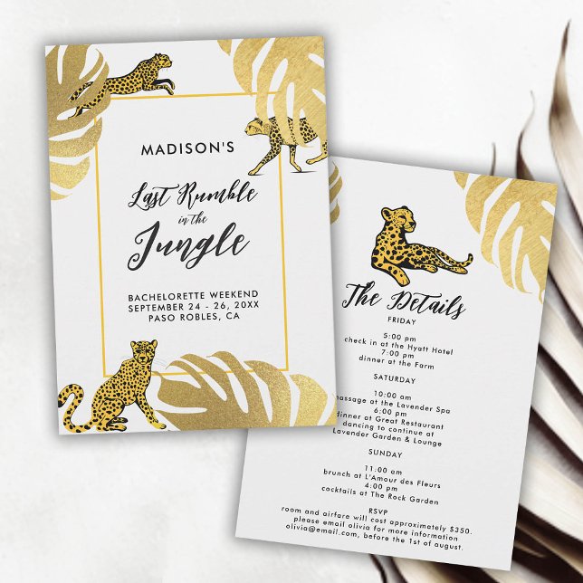 Invitation Jungle Safari Cheetah Gold Bachelorette Itinéraire (last rumble jungle safari bachelorette party itinerary invitation cheetah monstera gold leaf elegant)