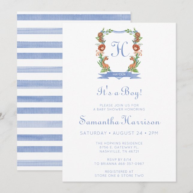 Invitation Jungle Safari Crest C'est un Baby shower garçon (Devant / Derrière)