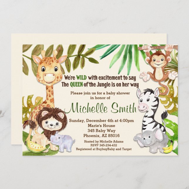 Invitation Jungle Safari fille Reine de la Jungle Baby shower (Devant / Derrière)