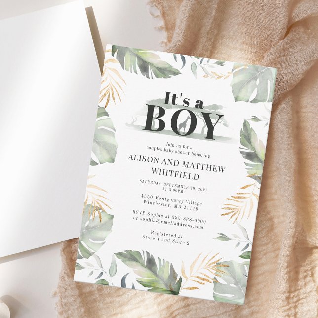 Invitation Jungle Safari Giraffe Botanique Couple Baby shower (Watercolor Foliage Boy Couples Baby Shower Invitation)