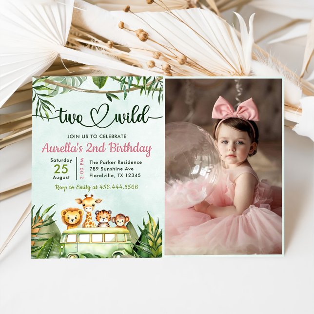 Invitation Jungle Safari Girl Two Wild 2nd Birthday Photo (Créateur téléchargé)