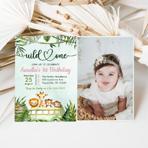 Invitation Jungle Safari Girl Wild One 1st Birthday Photo