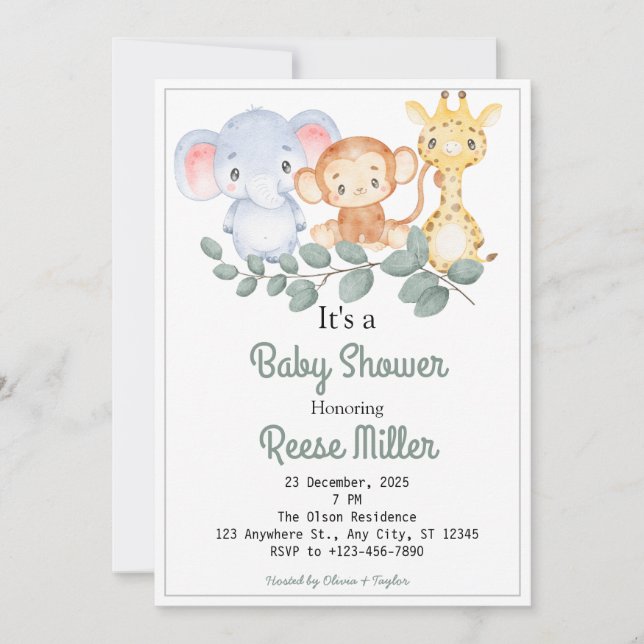 Invitation Jungle Safari Green Baby shower Party (Devant)
