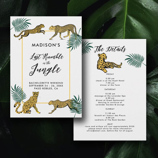 Invitation Jungle Safari Leaf Cheetah Bachelorette Itinéraire (safari jungle cheetah print last rumble bachelorette party itinerary invitation tropical leaf chic)