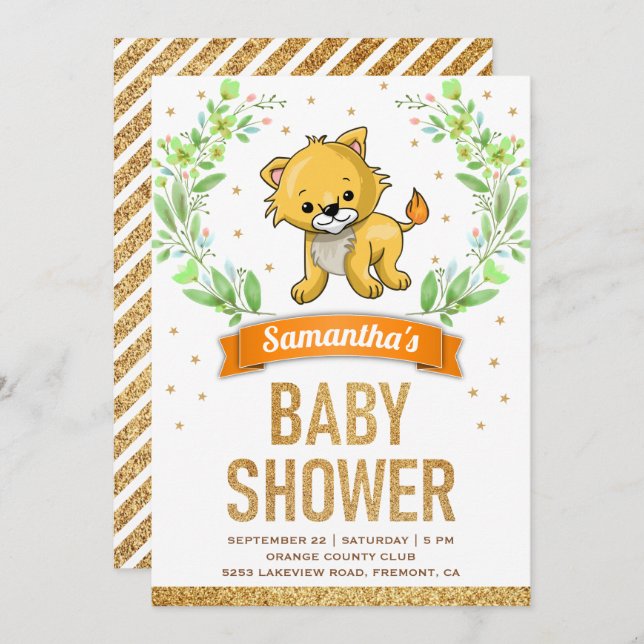 Invitation Jungle Safari mignon Baby shower Lion (Devant / Derrière)