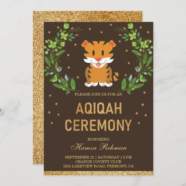 Invitation Jungle Safari mignon bébé Tiger Aqiqah (Devant / Derrière)