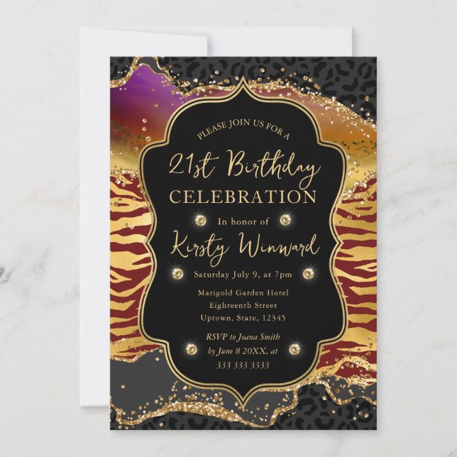 Invitation Jungle Safari Pailleté Agate 21e Anniversaire (Devant)