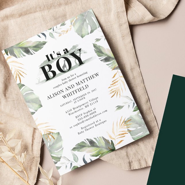 Invitation Jungle Safari Palm Feuilles Baby shower Couples (Jungle Palm Leaves Couples Boy Baby Shower Invitation)