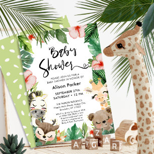 Invitation Jungle Safari Tropical Floral Baby shower de verdu