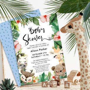 Invitation Jungle Safari Tropical Floral Baby shower de verdu