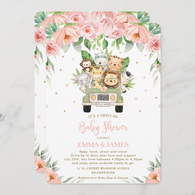 Invitation Jungle Safari Voiture Floral Rose Par Baby shower (Devant / Derrière)