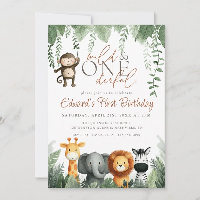 Invitation Jungle Sauvage Et Merveilleux 1er Anniversaire (Devant)