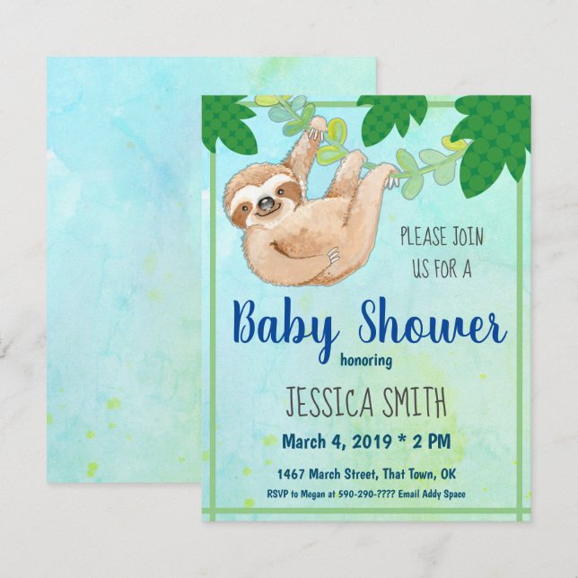 Invitation Jungle Sloth Baby shower Party (Devant / Derrière)