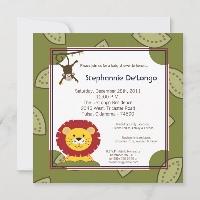 Invitation Jungle Temps Zoo Animaux Lio Baby shower Invitatio (Devant)