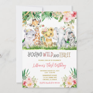 Invitation Jungle Trois Fille Fête d'Anniversaire