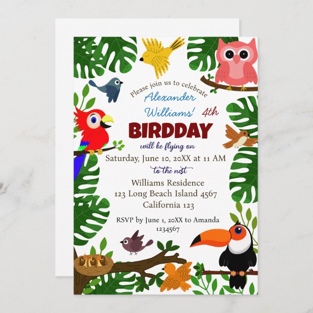Invitation Jungle Tropical Vert Été Enfants Bird Anniversaire (Devant / Derrière)