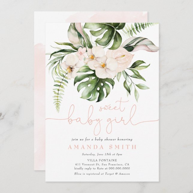 Invitation Jungle Vert rose Floral Sweet Girl Baby shower (Devant / Derrière)