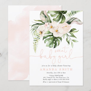 Invitation Jungle Vert rose Floral Sweet Girl Baby shower